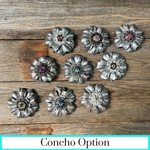 Silver Carnations Leather Flowers - 1" Crystal Conchos - Options