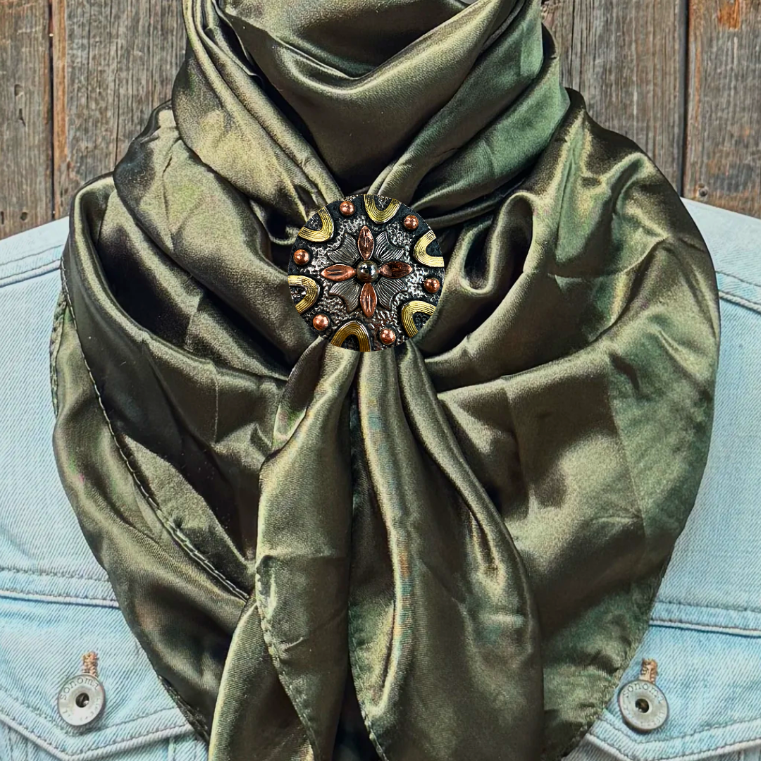 35X35" Solid Olive Wild Rag / Scarf WRS28 - Western Concho Wild Rag Slides - Assorted