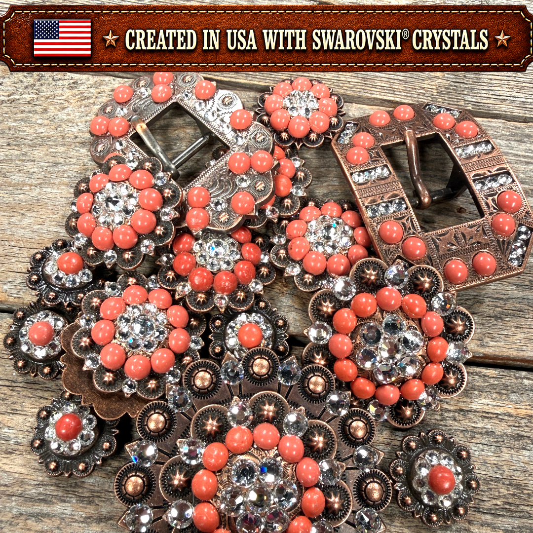 Copper Coral - Clear Crystal Conchos | Sizes 1"- 3" | Buckles | Saddle Set | Leather Rosettes | Slide