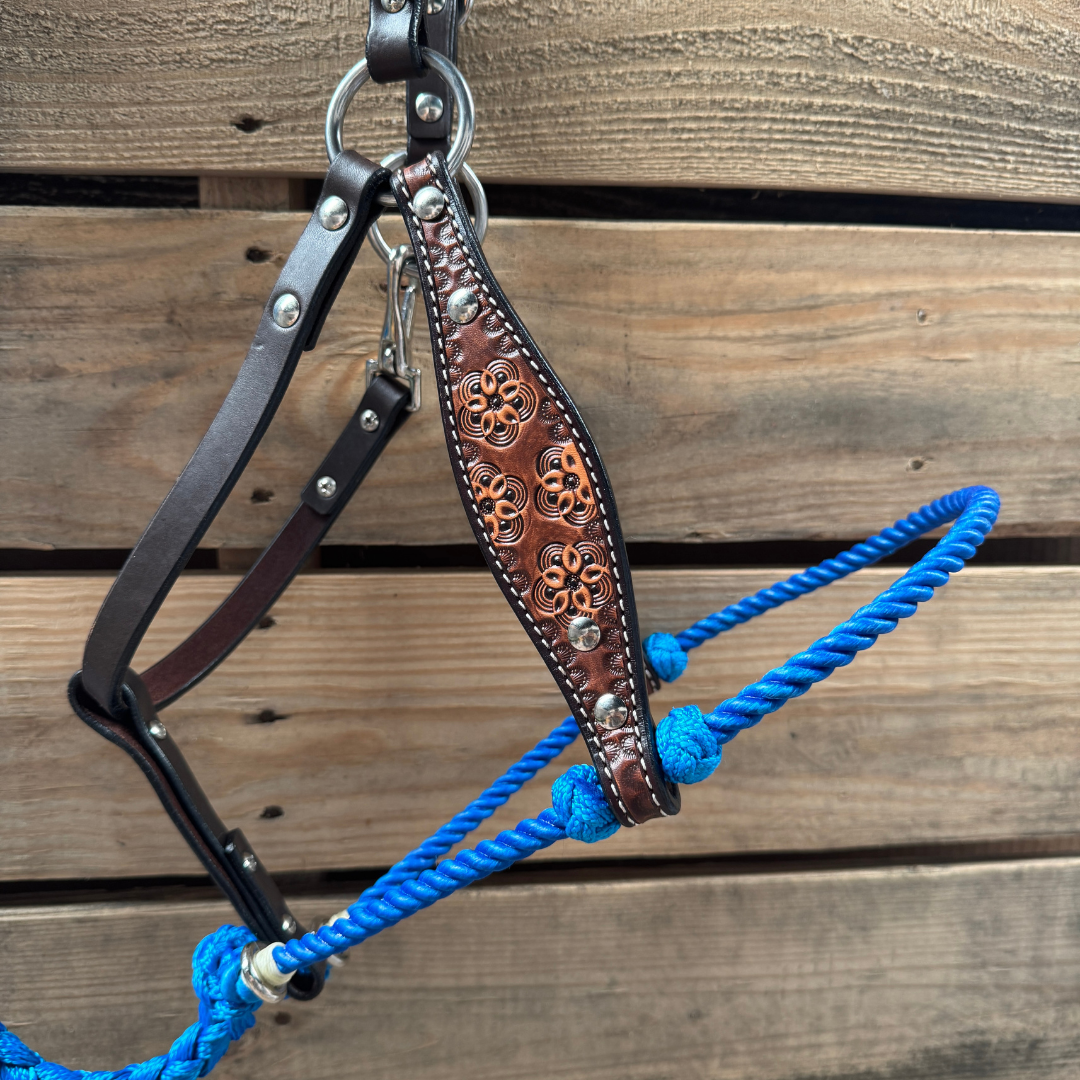 Blue Flower Power Tooled Lariat & Leather Combo Halter