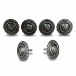 six silver-colored metal knobs or buttons arranged in two rows of three, with two of them being identical.