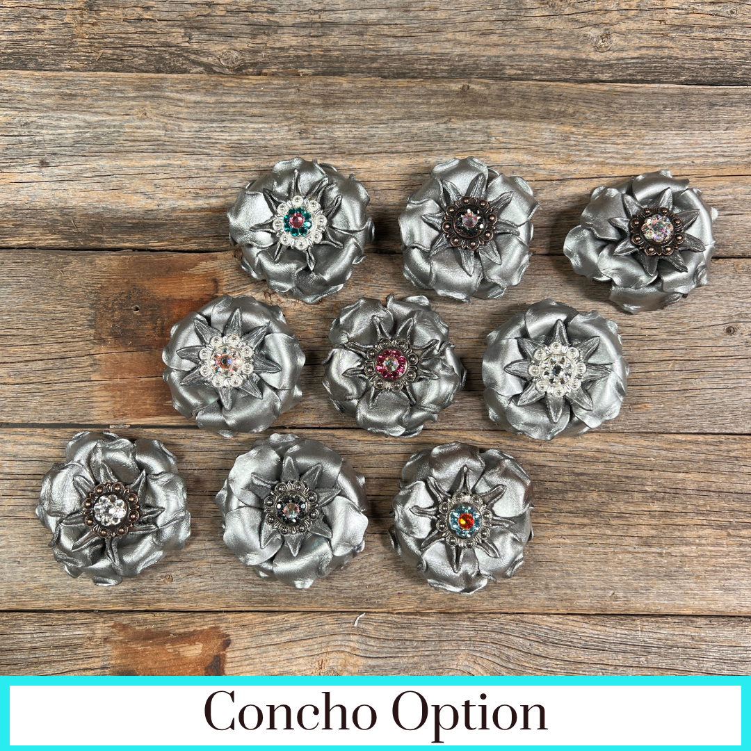 Silver Gardenia Leather Flowers - 1" Crystal Conchos - Options