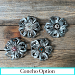 Silver Lotus Leather Flowers - 1" Crystal Conchos - Options