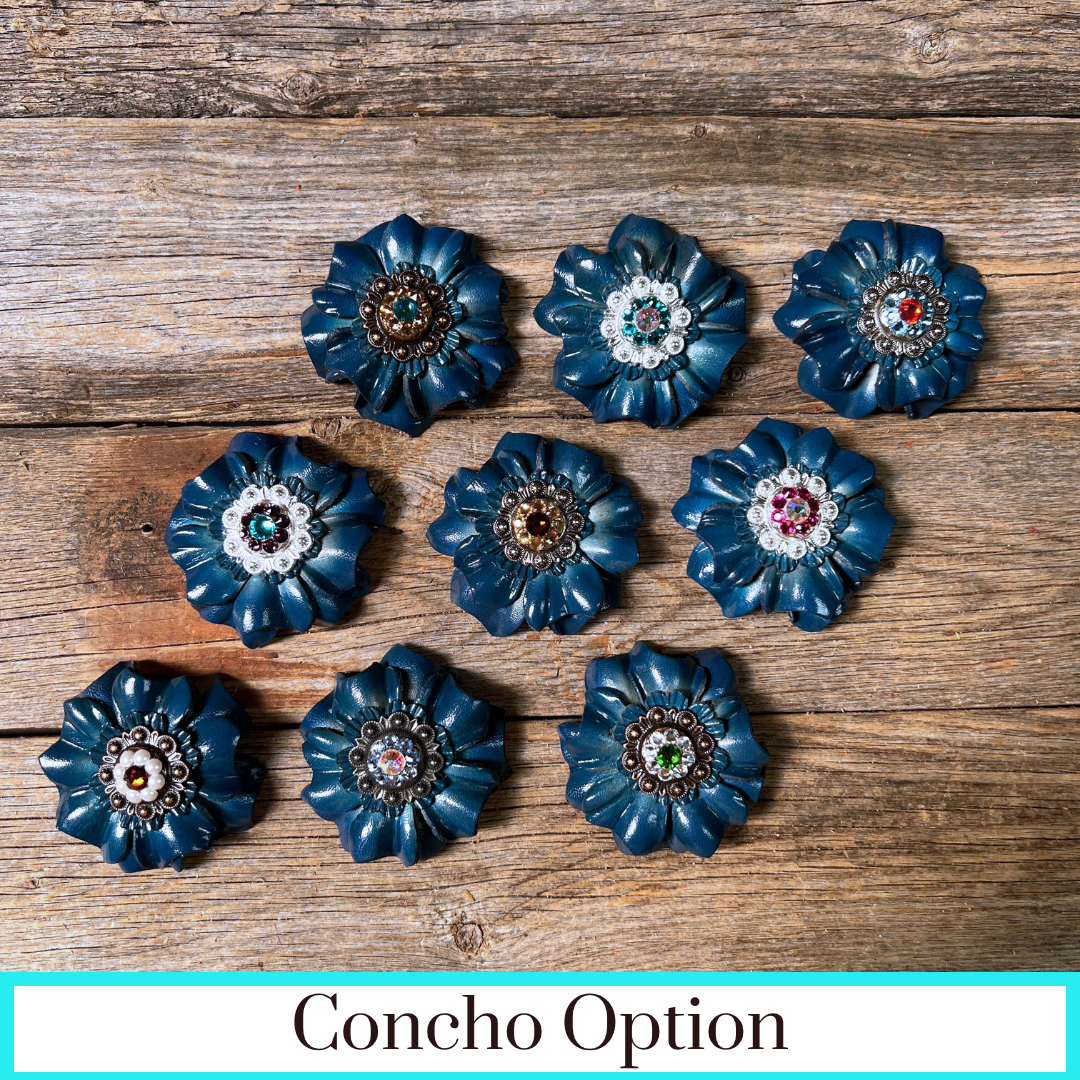 Teal Carnations Leather Flowers - 1" Crystal Conchos - Options