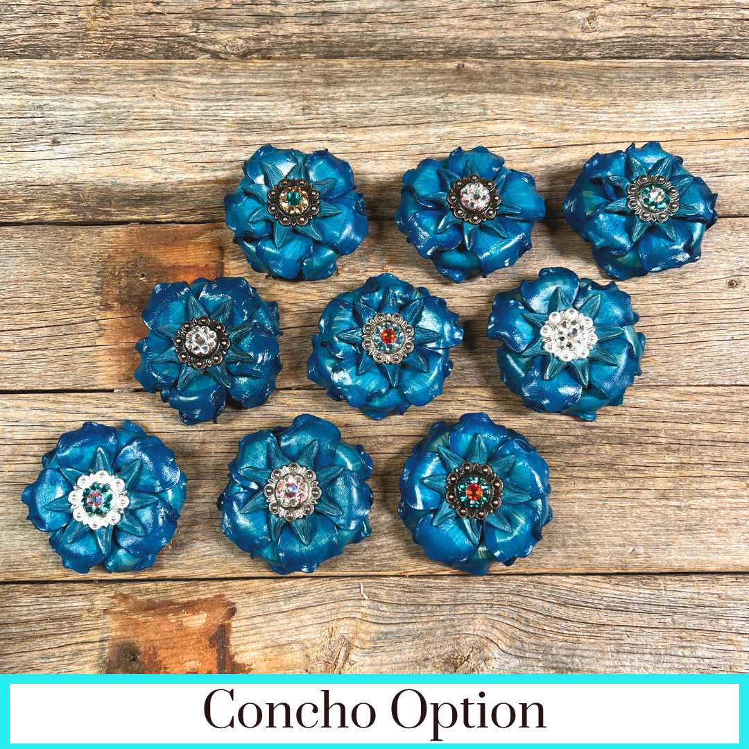 Turquoise Gardenia Leather Flowers - 1" Crystal Conchos - Options