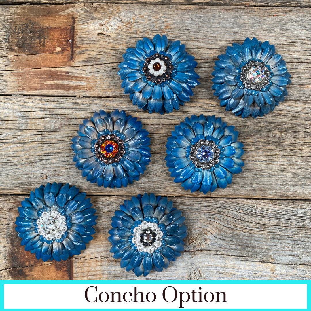 Turquoise Daisy Leather Flowers - 1" Crystal Conchos - Options