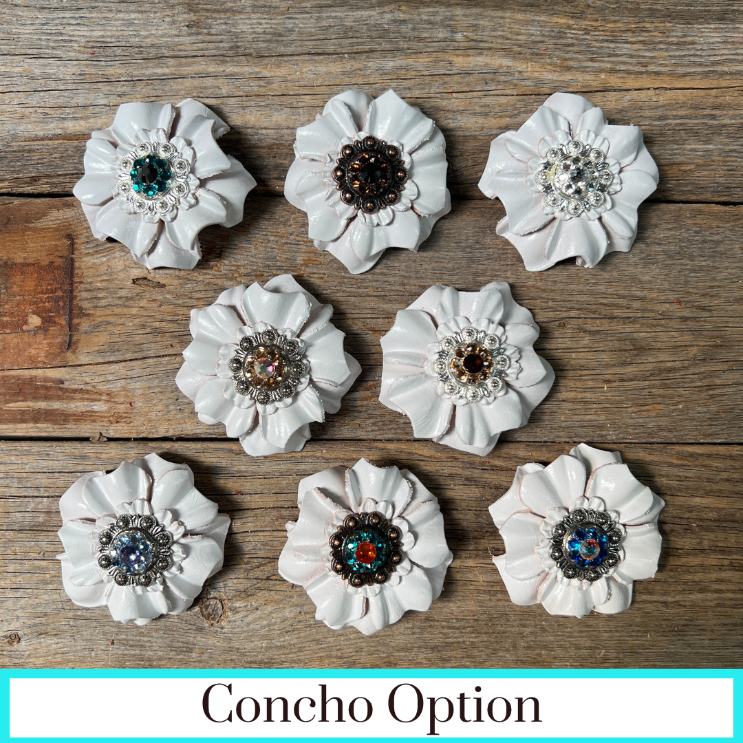 White Carnations Leather Flowers - 1" Crystal Conchos - Options