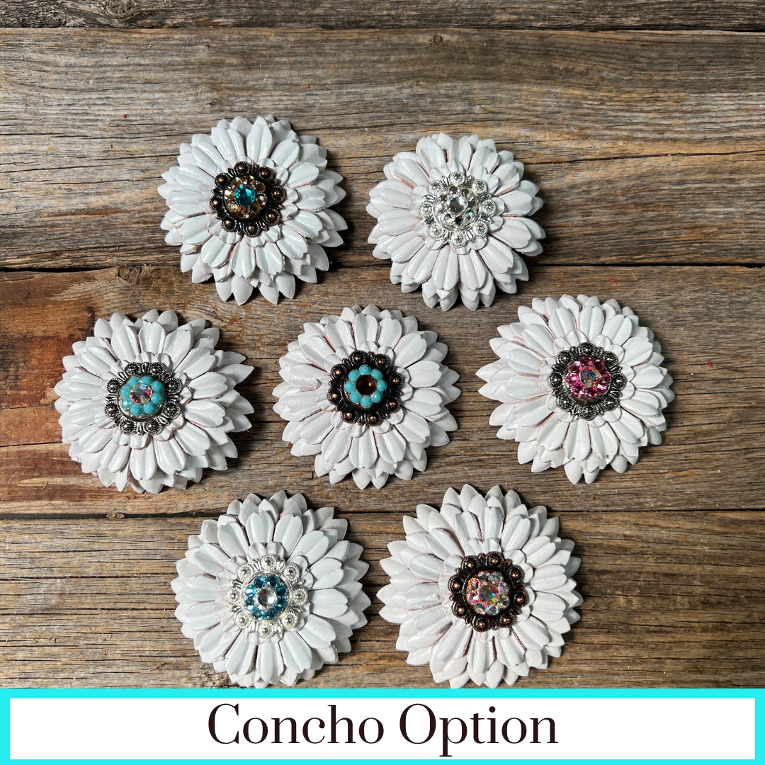 White Daisy Leather Flowers - 1" Crystal Conchos - Options