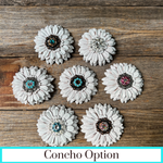 White Daisy Leather Flowers - 1" Crystal Conchos - Options