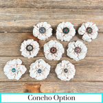 White Gardenia Leather Flowers - 1" Crystal Conchos - Options