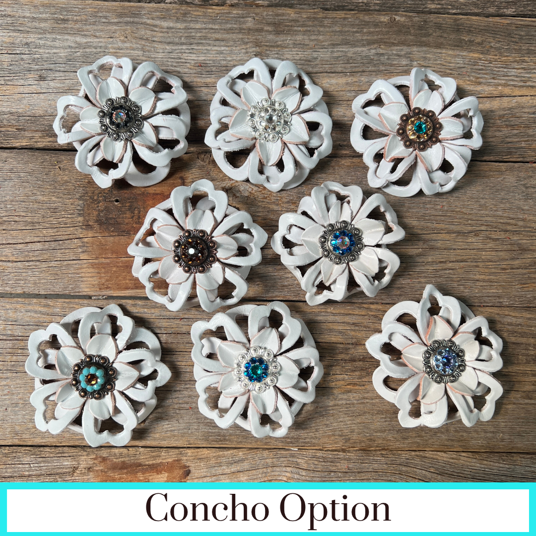 White Lotus Leather Flowers - 1" Crystal Conchos - Options