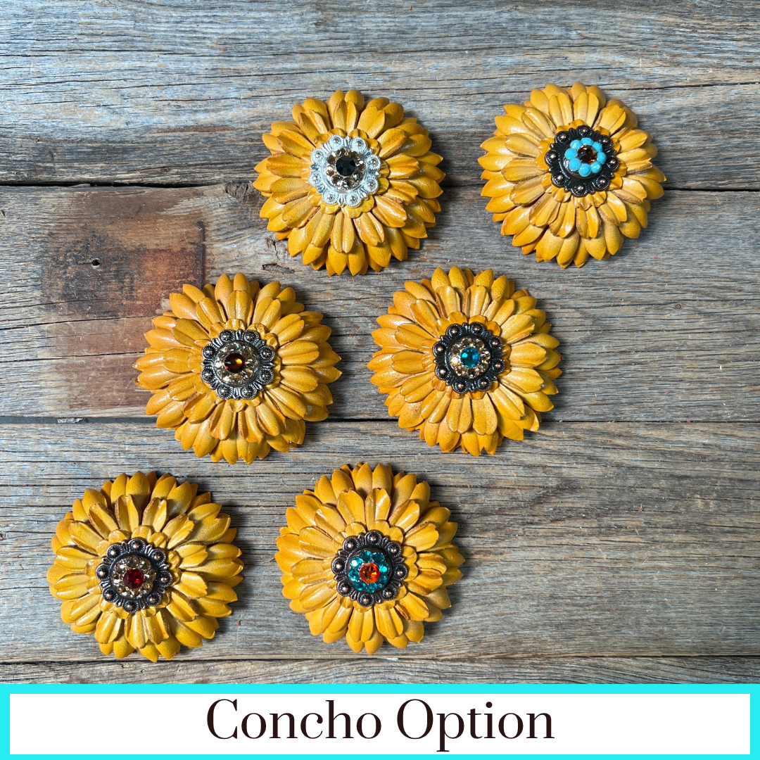 Yellow Daisy Leather Flowers - 1" Crystal Conchos - Options