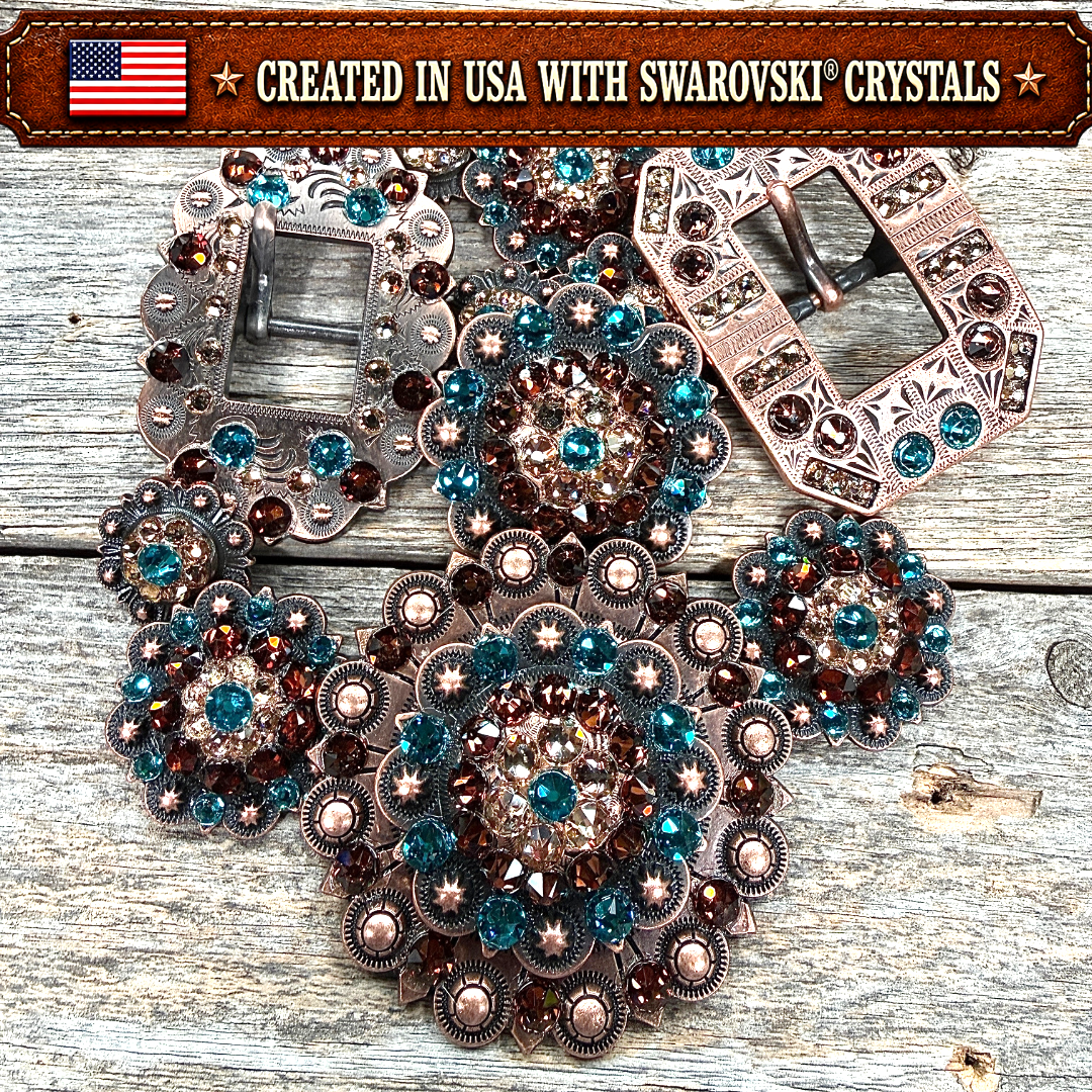 Copper Teal - Champagne - Topaz Crystal Conchos | Sizes 1"- 3" | Buckles | Saddle Set | Leather Rosettes | Slide