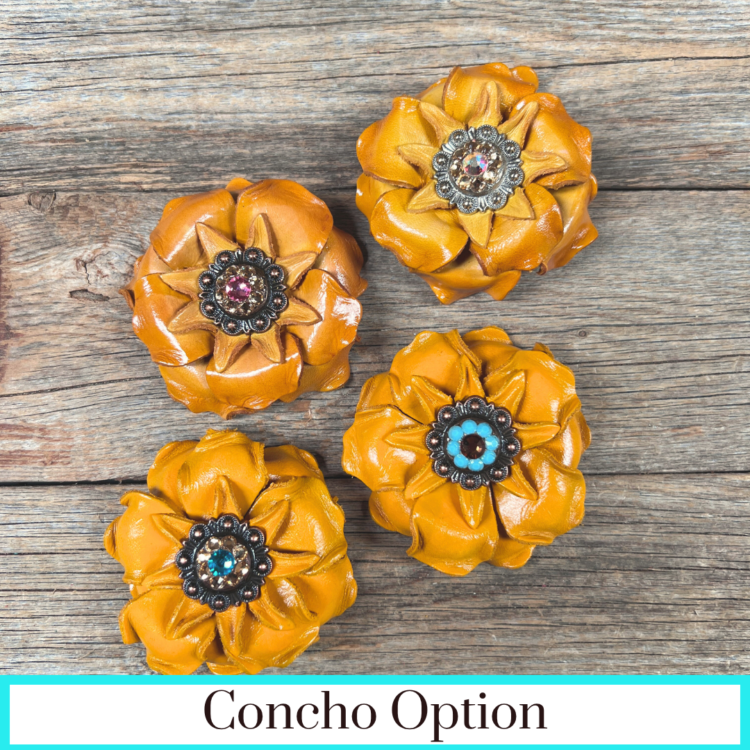 Yellow Gardenia Leather Flowers - 1" Crystal Conchos - Options