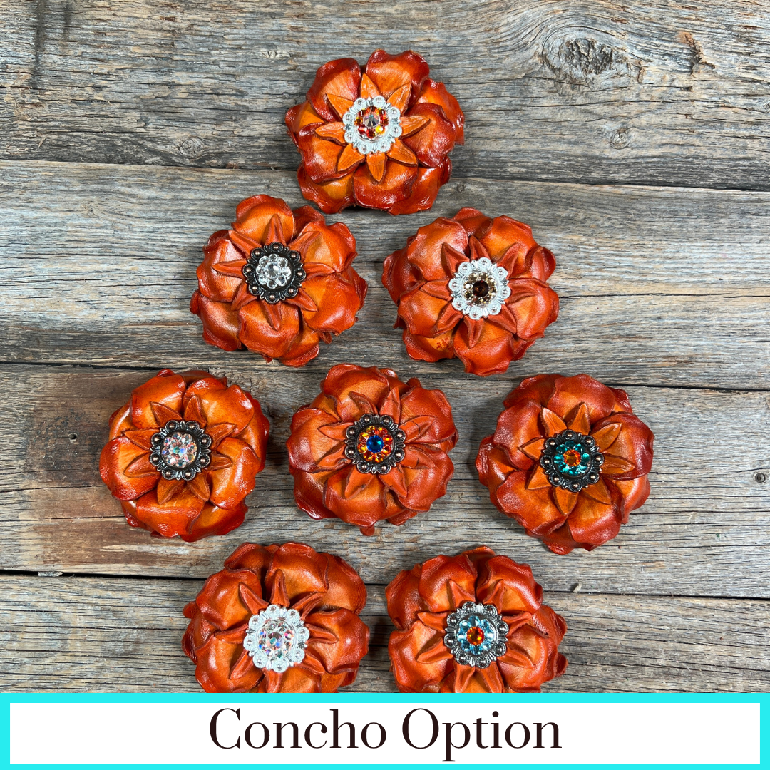 Orange Gardenia Leather Flowers - 1" Crystal Conchos - Options