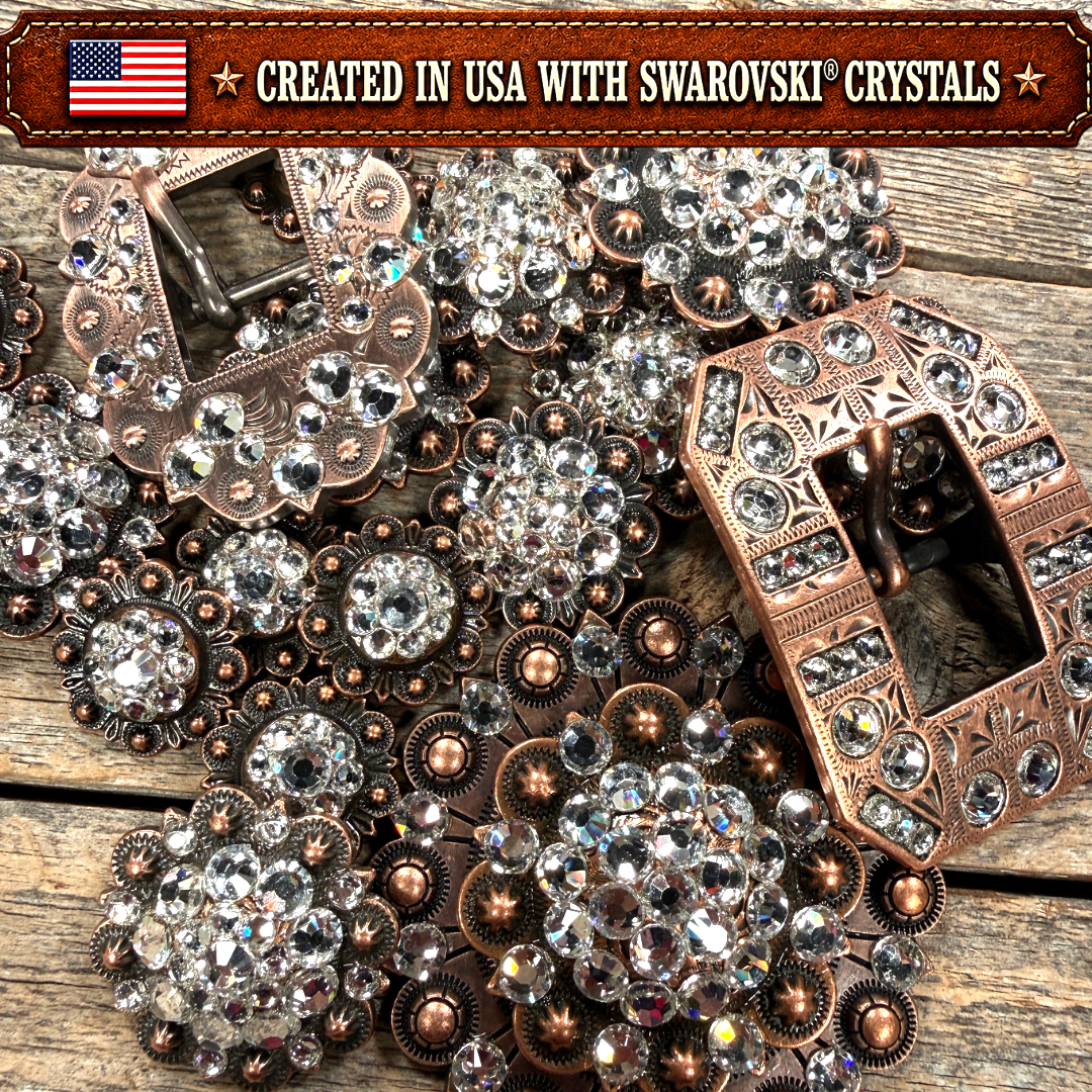 Copper Clear Crystal Conchos | Sizes 1"- 3" | Buckles | Saddle Set | Leather Rosettes | Slide