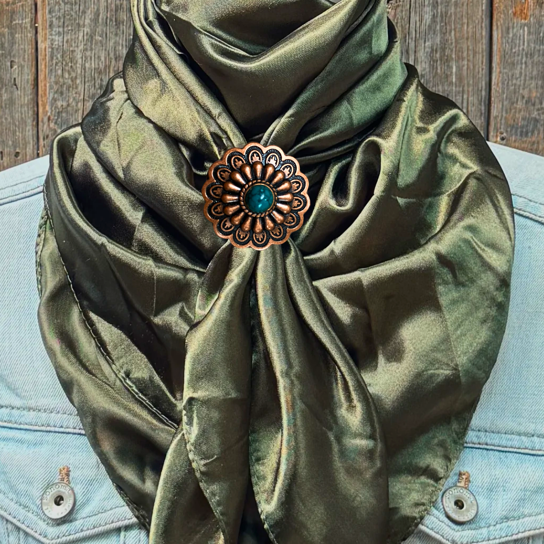 35X35" Solid Olive Wild Rag / Scarf WRS28 - Western Concho Wild Rag Slides - Assorted