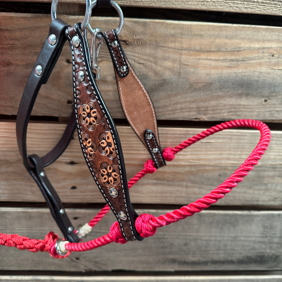 Red Flower Power Tooled Lariat & Leather Combo Halter