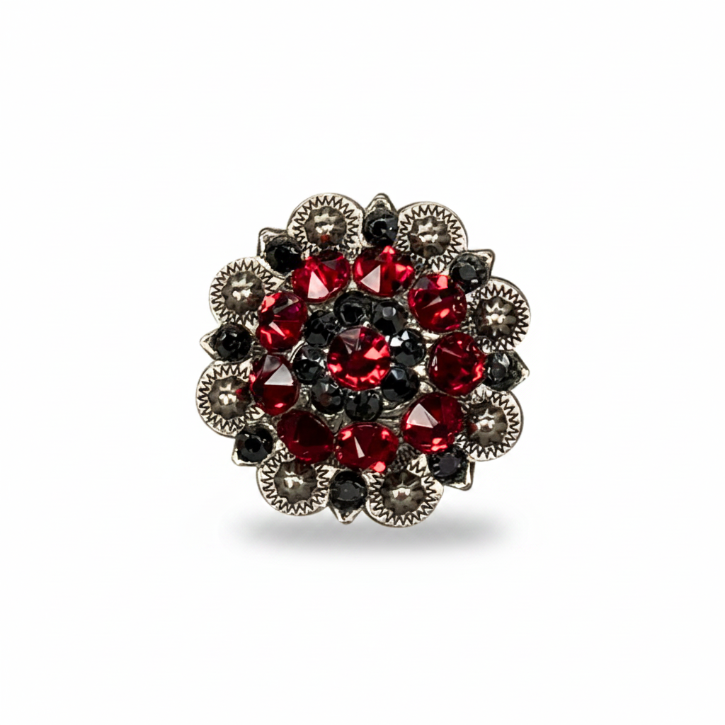 Antique Silver Ruby - Jet Crystal Conchos | Sizes 1"- 3" | Buckles | Saddle Set | Leather Rosettes | Slide