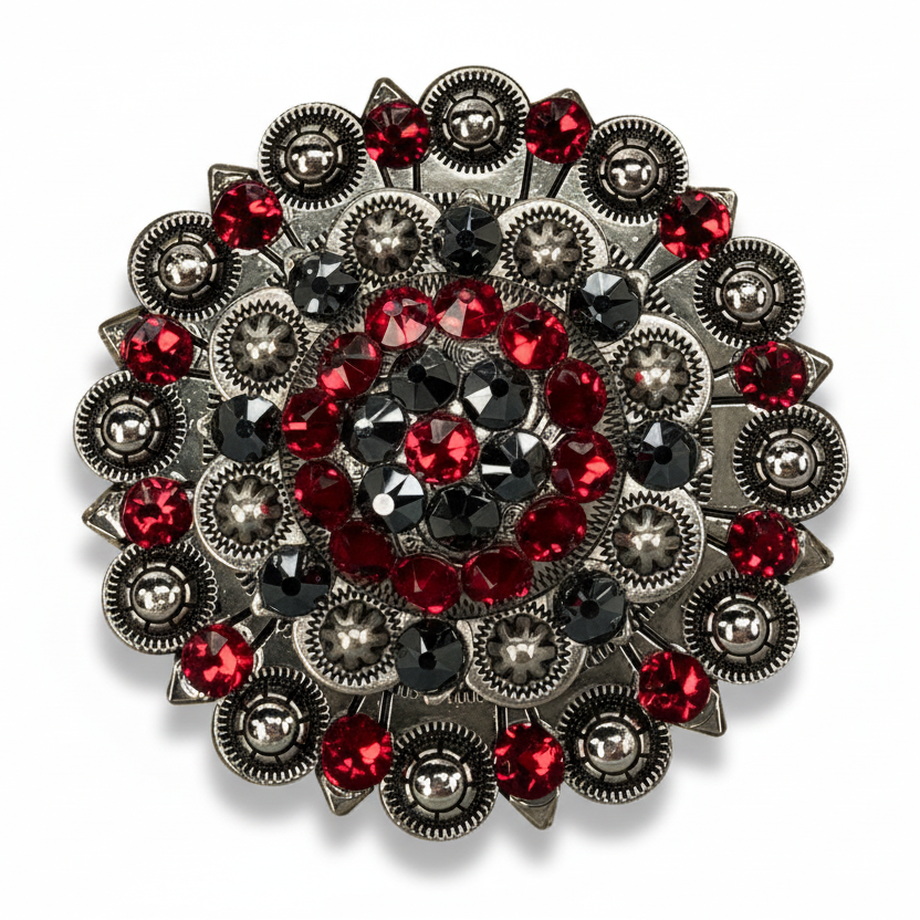 Antique Silver Ruby, Jet Crystal Conchos - Sizes from 1"- 3" and Buckles