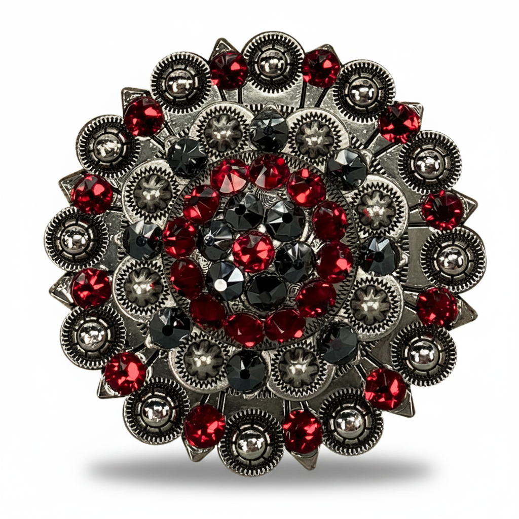 Antique Silver Ruby - Jet Crystal Conchos | Sizes 1"- 3" | Buckles | Saddle Set | Leather Rosettes | Slide