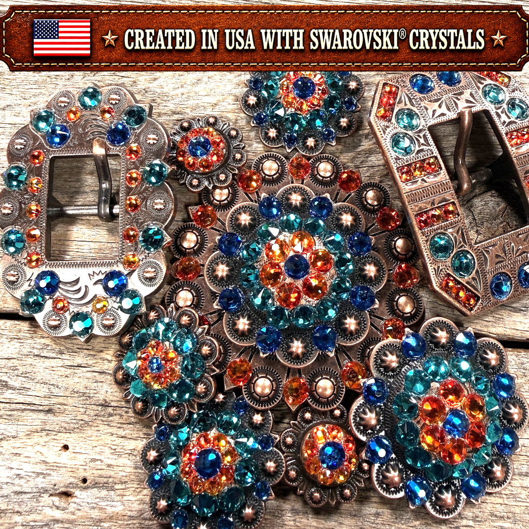 Copper Capri - Fire Opal - Teal Crystal Conchos | Sizes 1"- 3" | Buckles | Saddle Set | Leather Rosettes | Slide