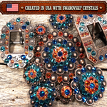 Copper Capri - Fire Opal - Teal Crystal Conchos | Sizes 1"- 3" | Buckles | Saddle Set | Leather Rosettes | Slide