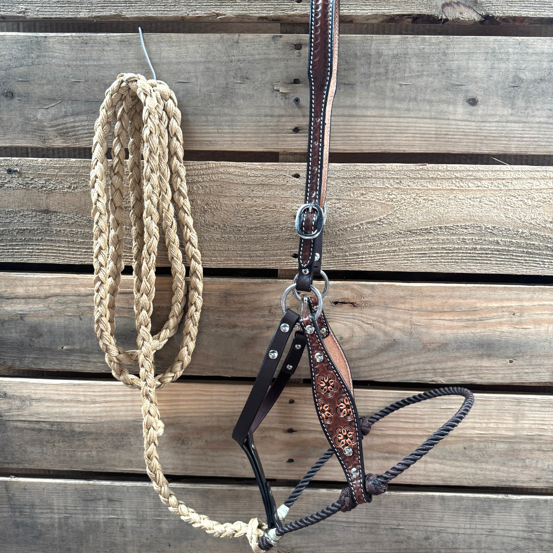 Brown Flower Power Tooled Lariat & Leather Combo Halter