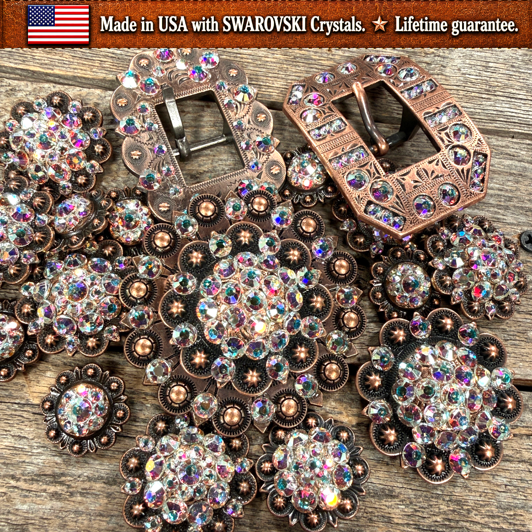 Copper AB Crystal Conchos | Sizes 1"- 3" | Buckles | Saddle Set | Leather Rosettes | Slide