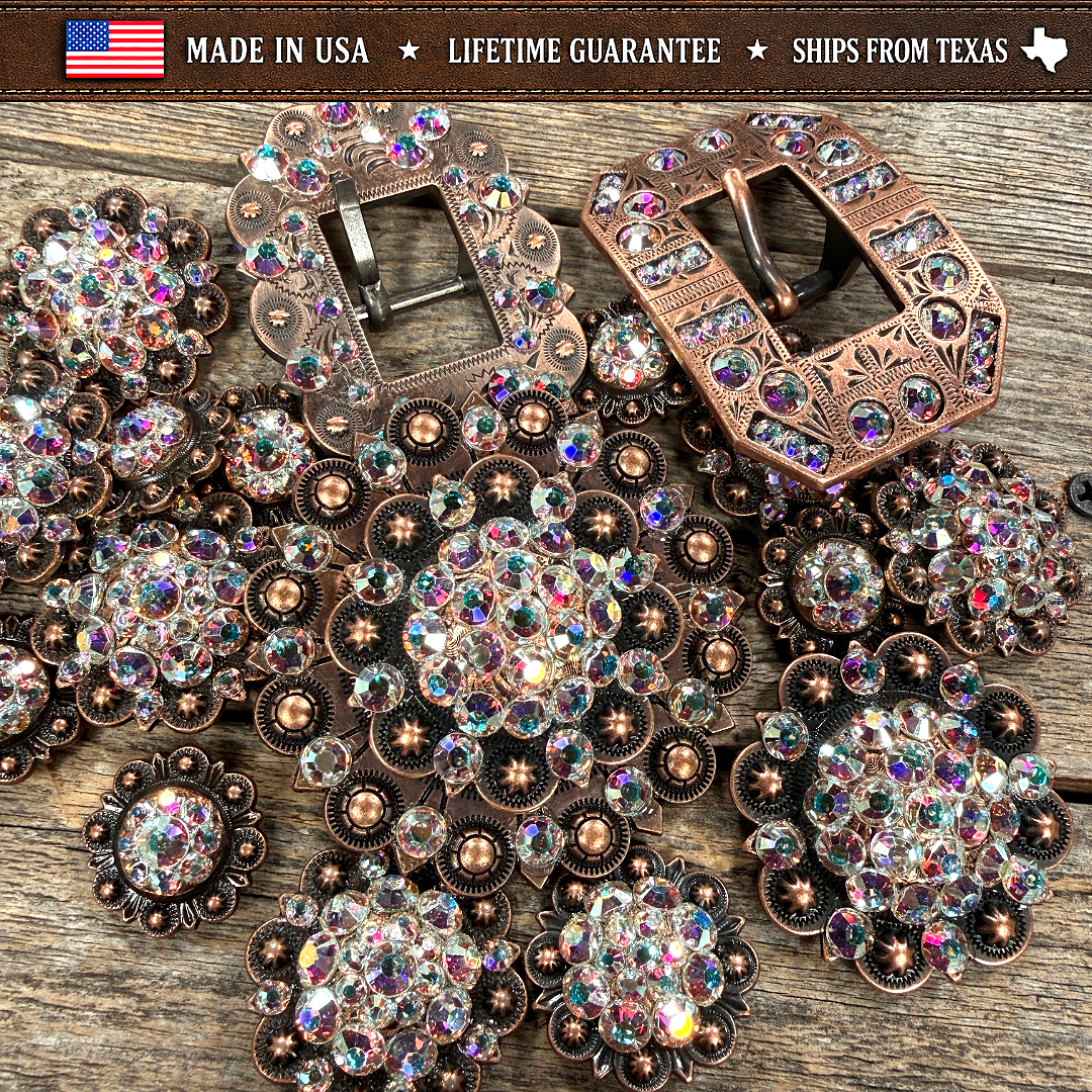Copper AB Crystal Conchos | Sizes 1"- 3" | Buckles | Saddle Set | Leather Rosettes | Slide