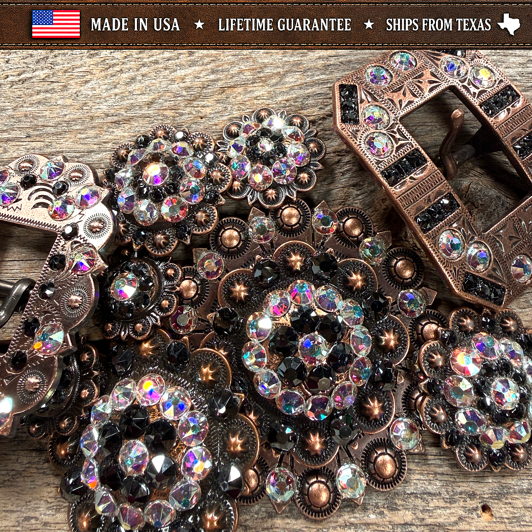 Copper Jet - AB Crystal Conchos | Sizes 1"- 3" | Buckles | Saddle Set | Leather Rosettes | Slide