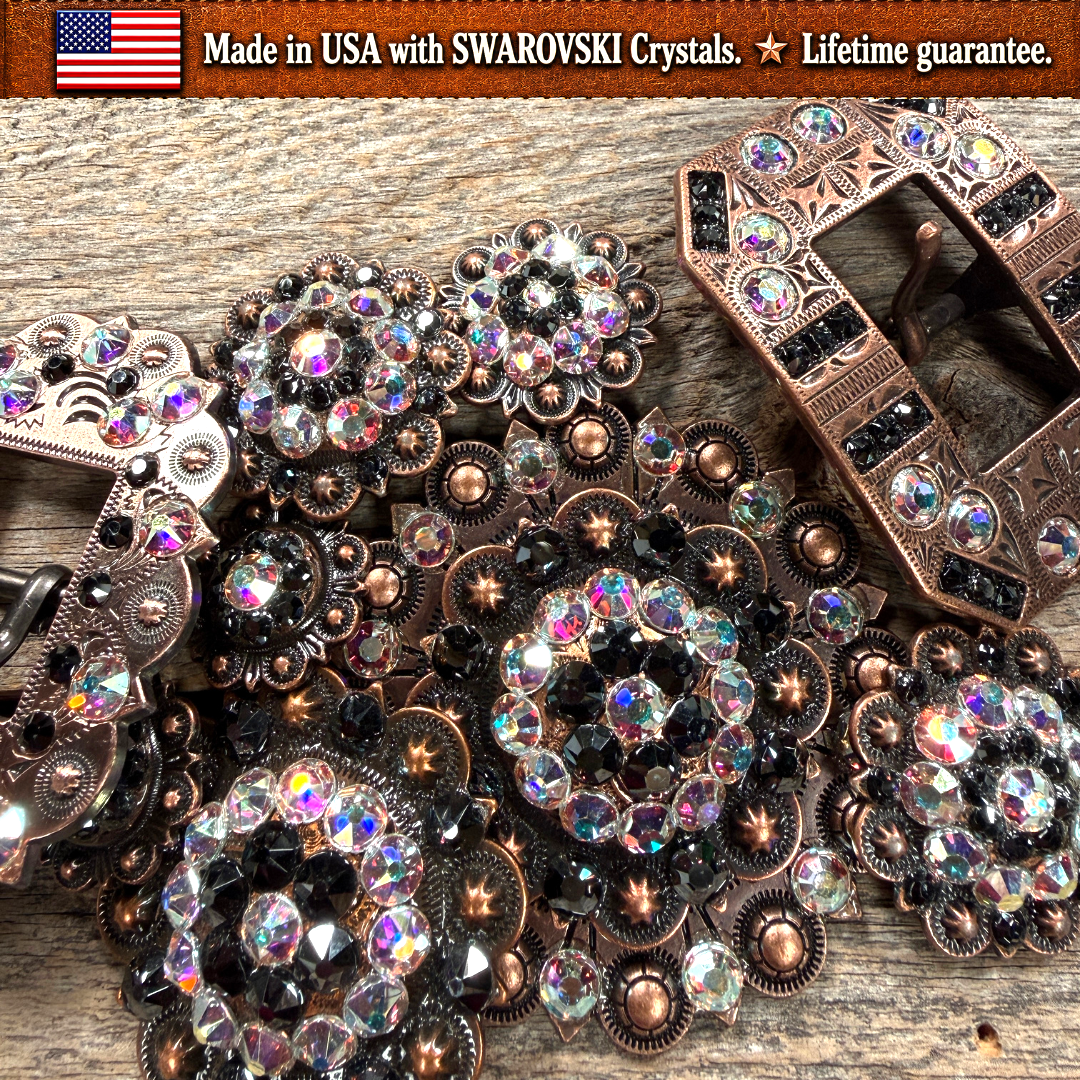 Copper Jet - AB Crystal Conchos | Sizes 1"- 3" | Buckles | Saddle Set | Leather Rosettes | Slide