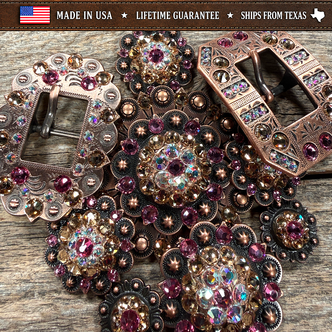 Copper Pink - AB - Champagne Crystal Conchos | Sizes 1"- 3" | Buckles | Saddle Set | Leather Rosettes | Slide