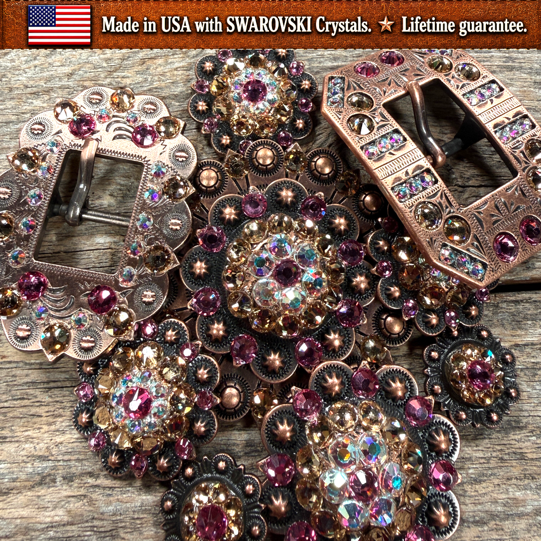 Copper Pink - AB - Champagne Crystal Conchos | Sizes 1"- 3" | Buckles | Saddle Set | Leather Rosettes | Slide