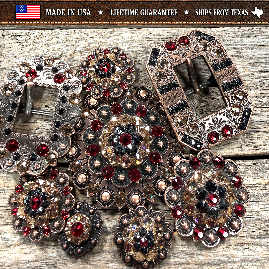 Copper Ruby - Jet - Champagne Crystal Conchos | Sizes 1"- 3" | Buckles | Saddle Set | Leather Rosettes | Slide