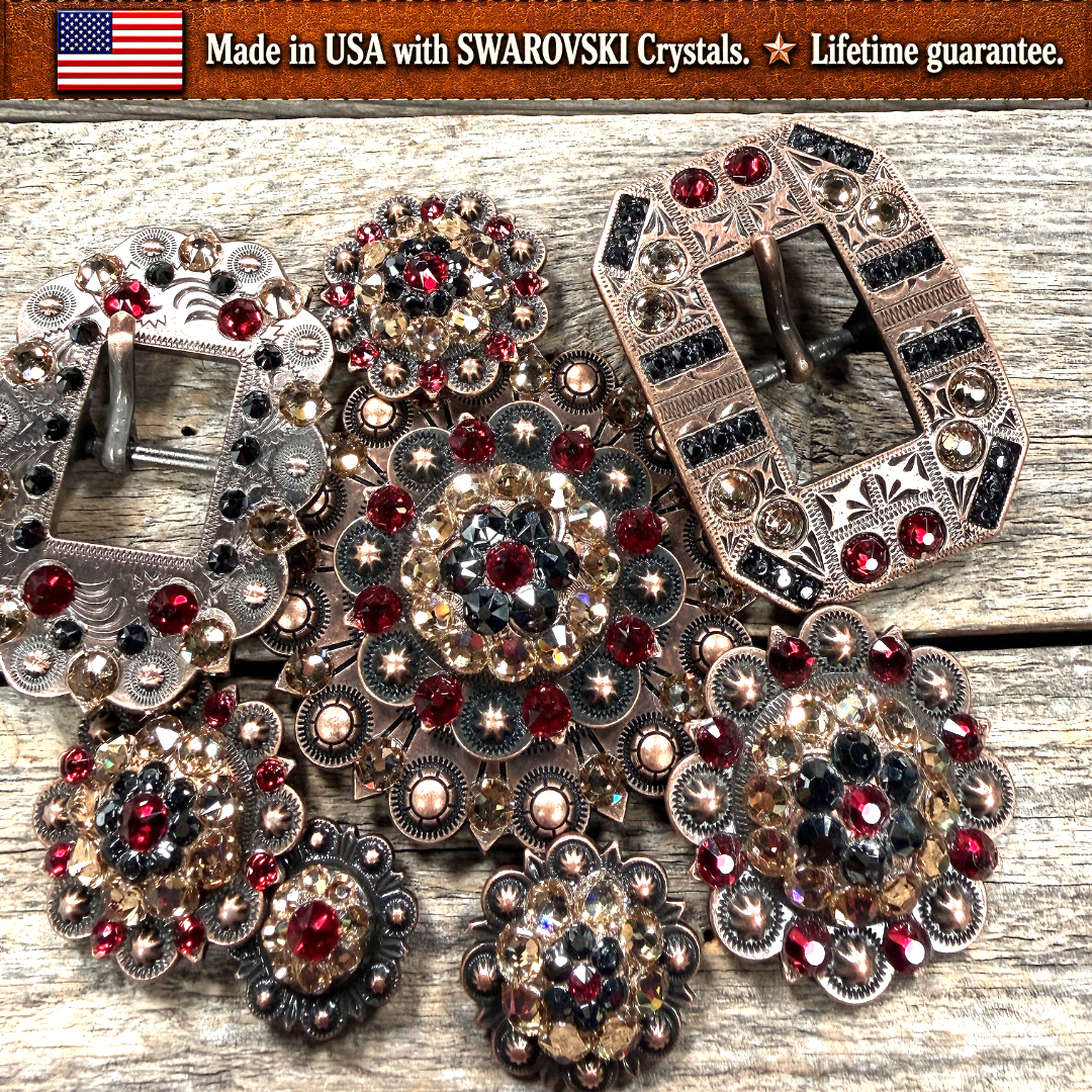 Copper Ruby - Jet - Champagne Crystal Conchos | Sizes 1"- 3" | Buckles | Saddle Set | Leather Rosettes | Slide