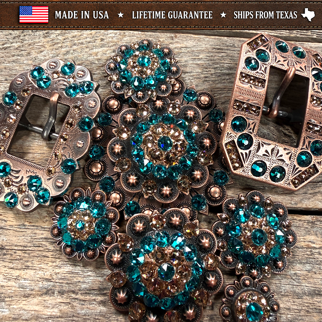 Copper Teal - Champagne Crystal Conchos | Sizes 1"- 3" | Buckles | Saddle Set | Leather Rosettes | Slide