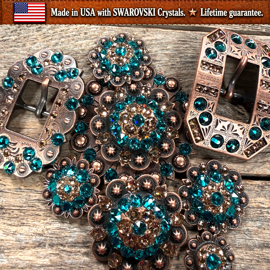 Copper Teal - Champagne Crystal Conchos | Sizes 1"- 3" | Buckles | Saddle Set | Leather Rosettes | Slide