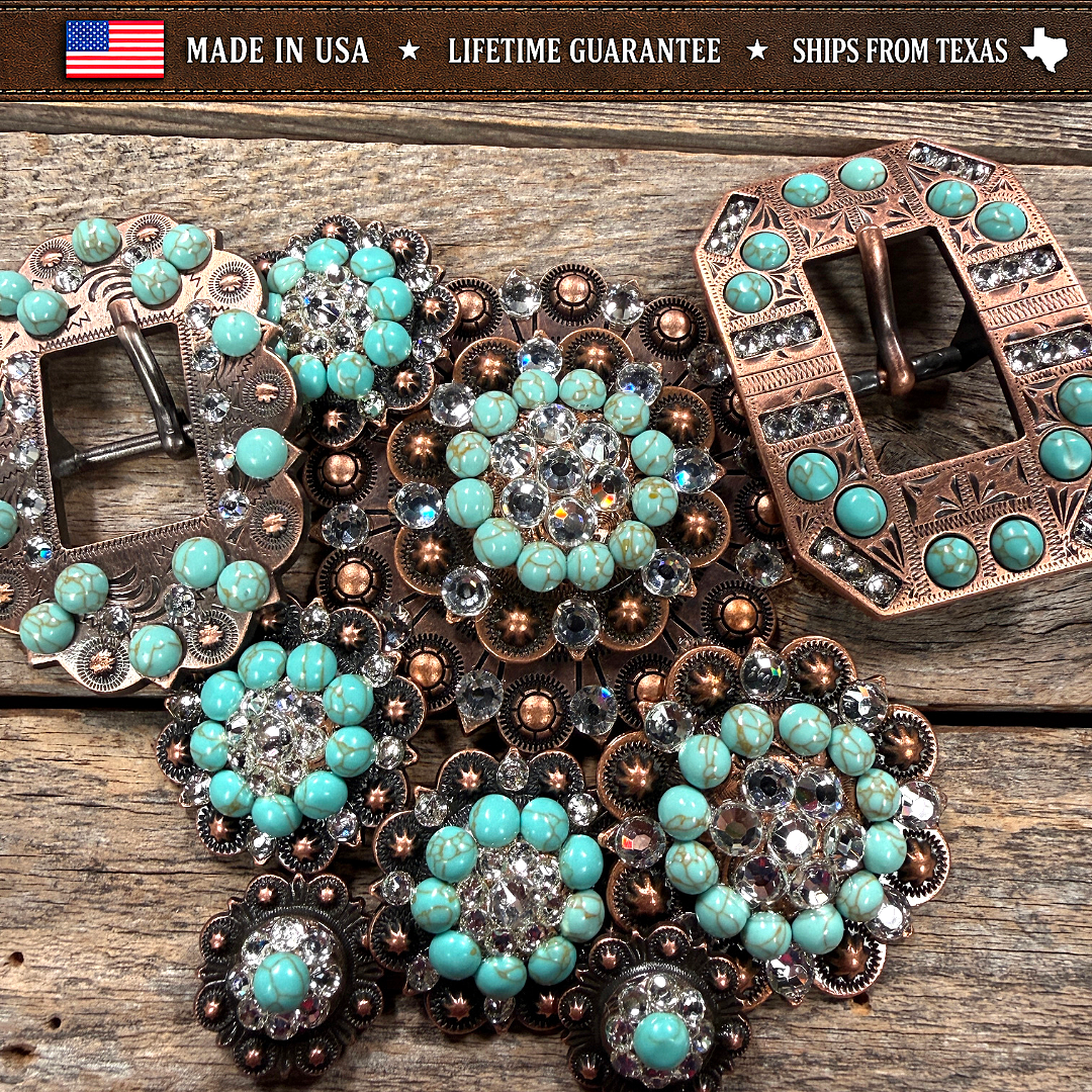 Copper Turquoise - Clear Crystal Conchos | Sizes 1"- 3" | Buckles | Saddle Set | Leather Rosettes | Slide