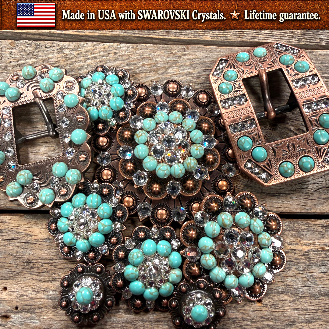 Copper Turquoise - Clear Crystal Conchos | Sizes 1"- 3" | Buckles | Saddle Set | Leather Rosettes | Slide