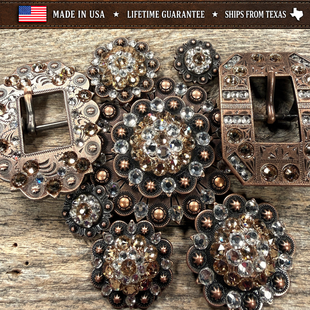Copper Champagne - Clear Crystal Conchos | Sizes 1"- 3" | Buckles | Saddle Set | Leather Rosettes | Slide