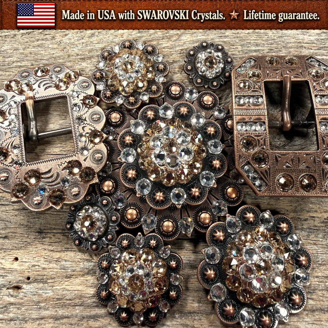 Copper Champagne - Clear Crystal Conchos | Sizes 1"- 3" | Buckles | Saddle Set | Leather Rosettes | Slide