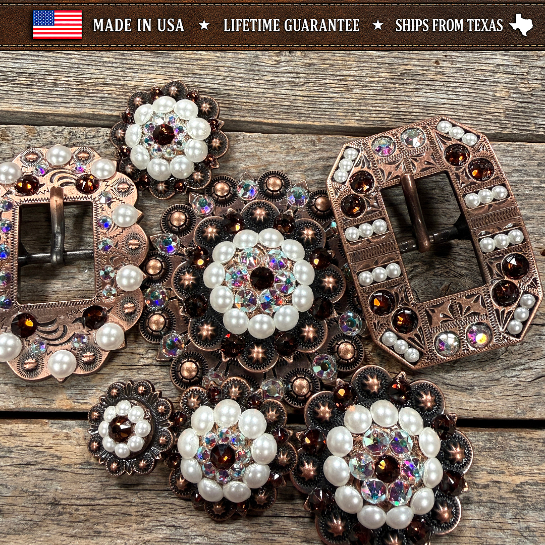 Copper Topaz - AB - Pearl Crystal Conchos | Sizes 1"- 3" | Buckles | Saddle Set | Leather Rosettes | Slide