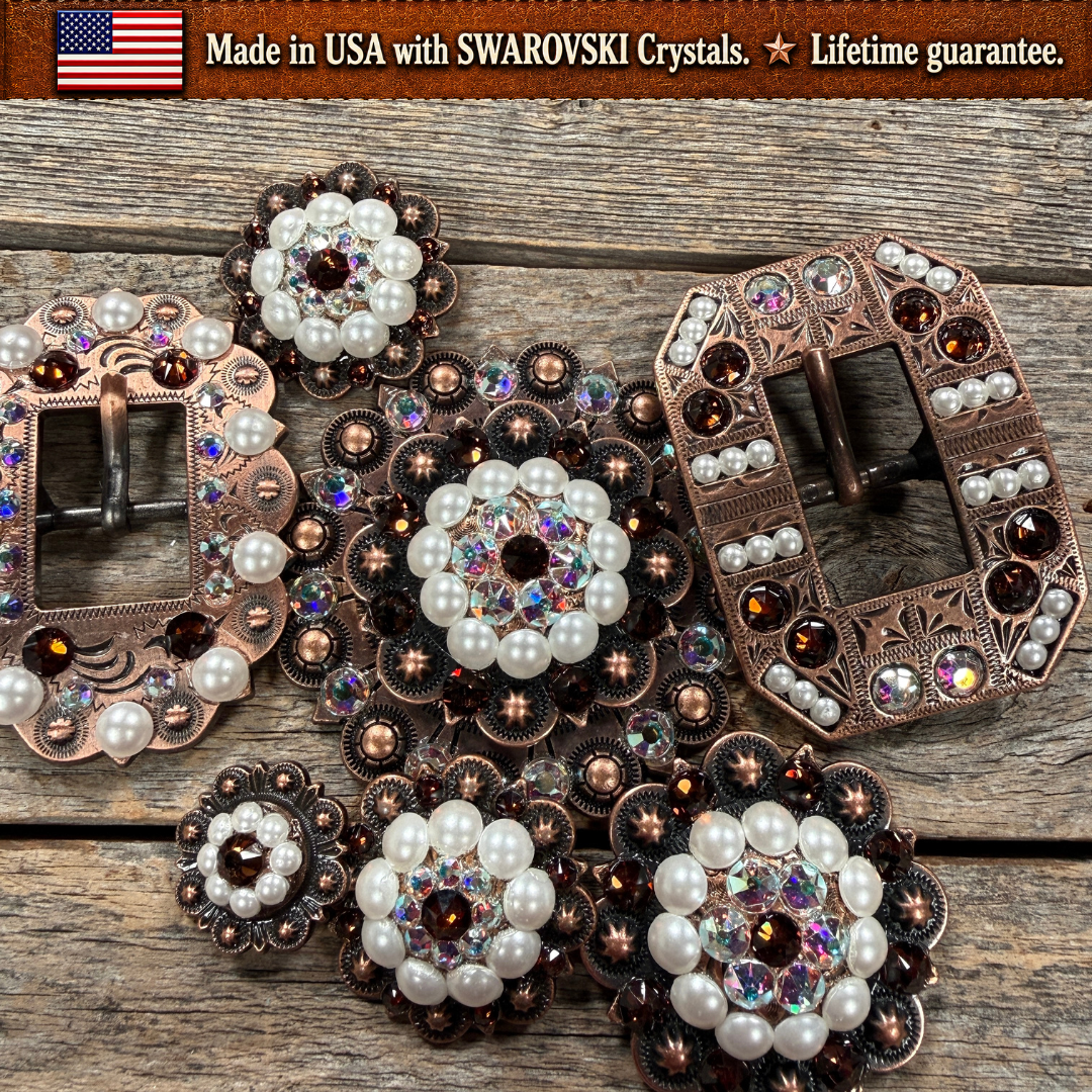 Copper Topaz - AB - Pearl Crystal Conchos | Sizes 1"- 3" | Buckles | Saddle Set | Leather Rosettes | Slide