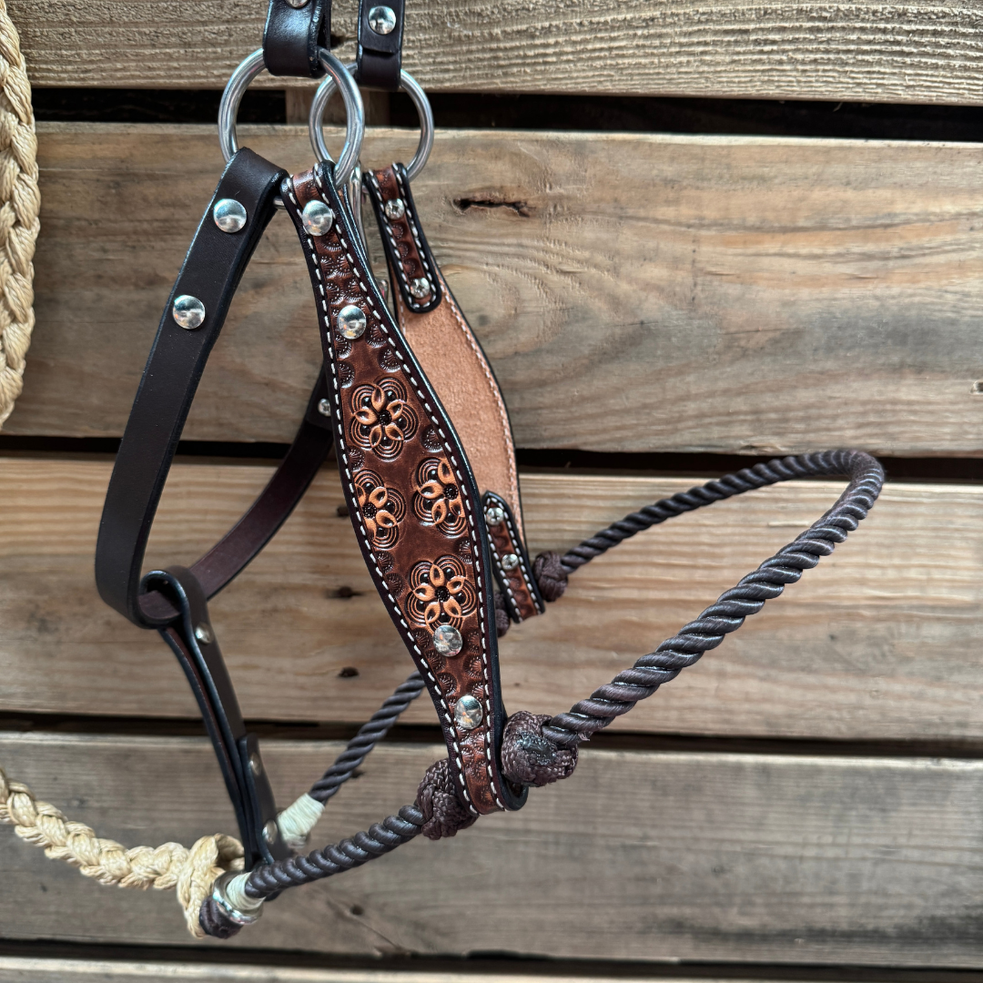 Brown Flower Power Tooled Lariat & Leather Combo Halter
