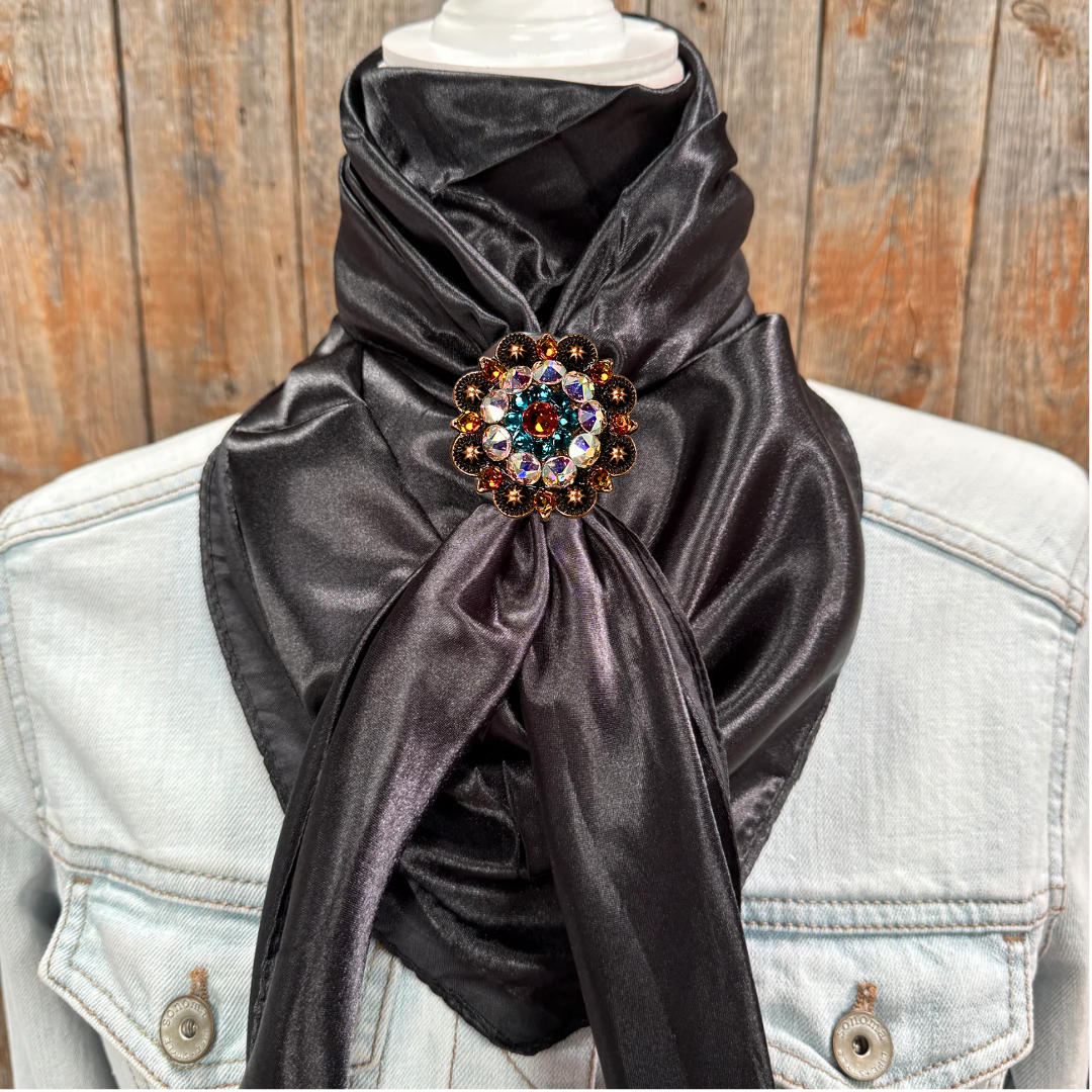 35X35" Solid Black Wild Rag / Scarf WRS4 - Crystal Concho Wild Rag Slides - Assorted