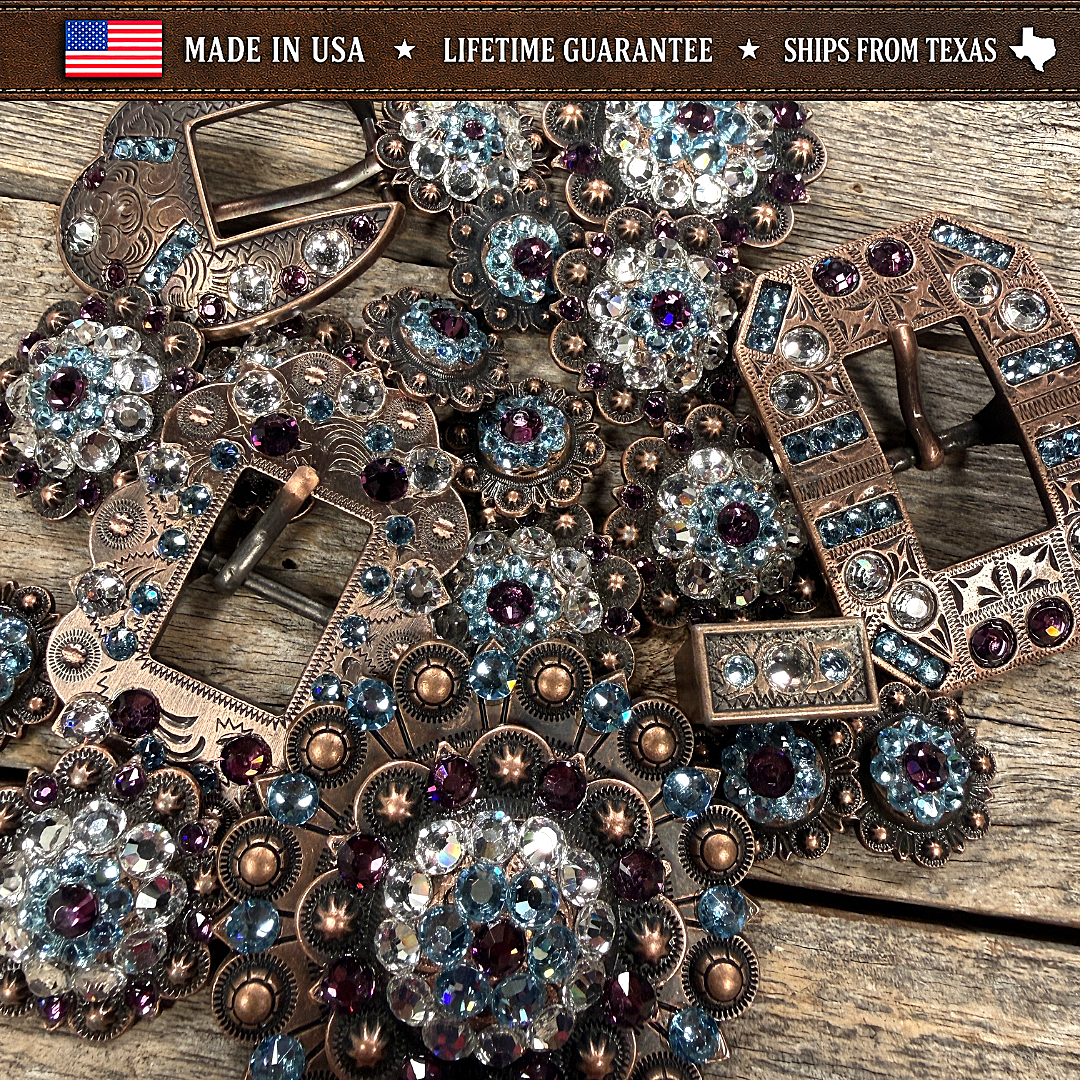 Copper Amethyst - Aqua - Clear Crystal Conchos | Sizes 1"- 3" | Buckles | Saddle Set | Leather Rosettes | Slide