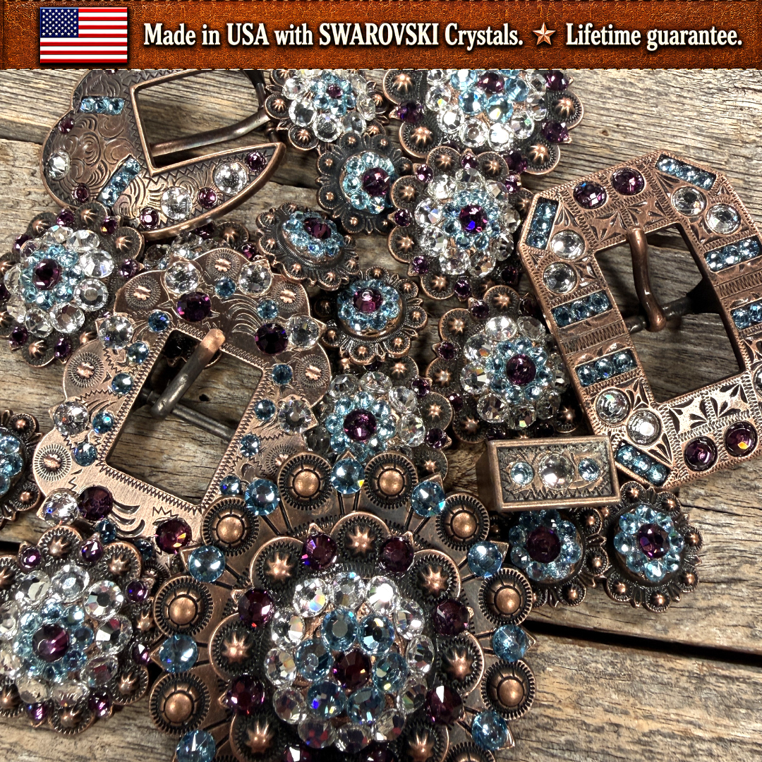 Copper Amethyst - Aqua - Clear Crystal Conchos | Sizes 1"- 3" | Buckles | Saddle Set | Leather Rosettes | Slide