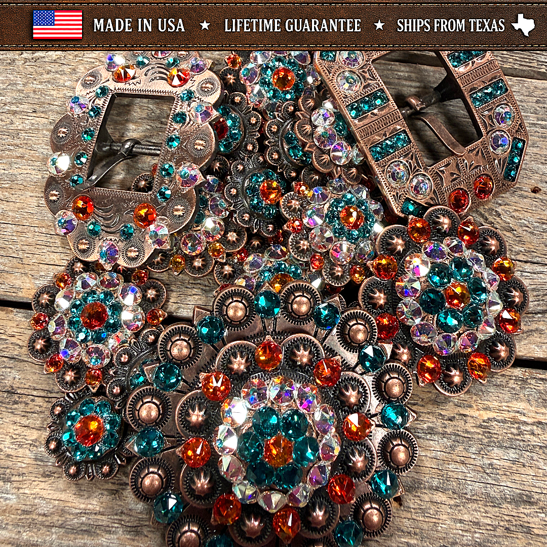 Copper Fire Opal - Teal - AB Crystal Conchos | Sizes 1"- 3" | Buckles | Saddle Set | Leather Rosettes | Slide