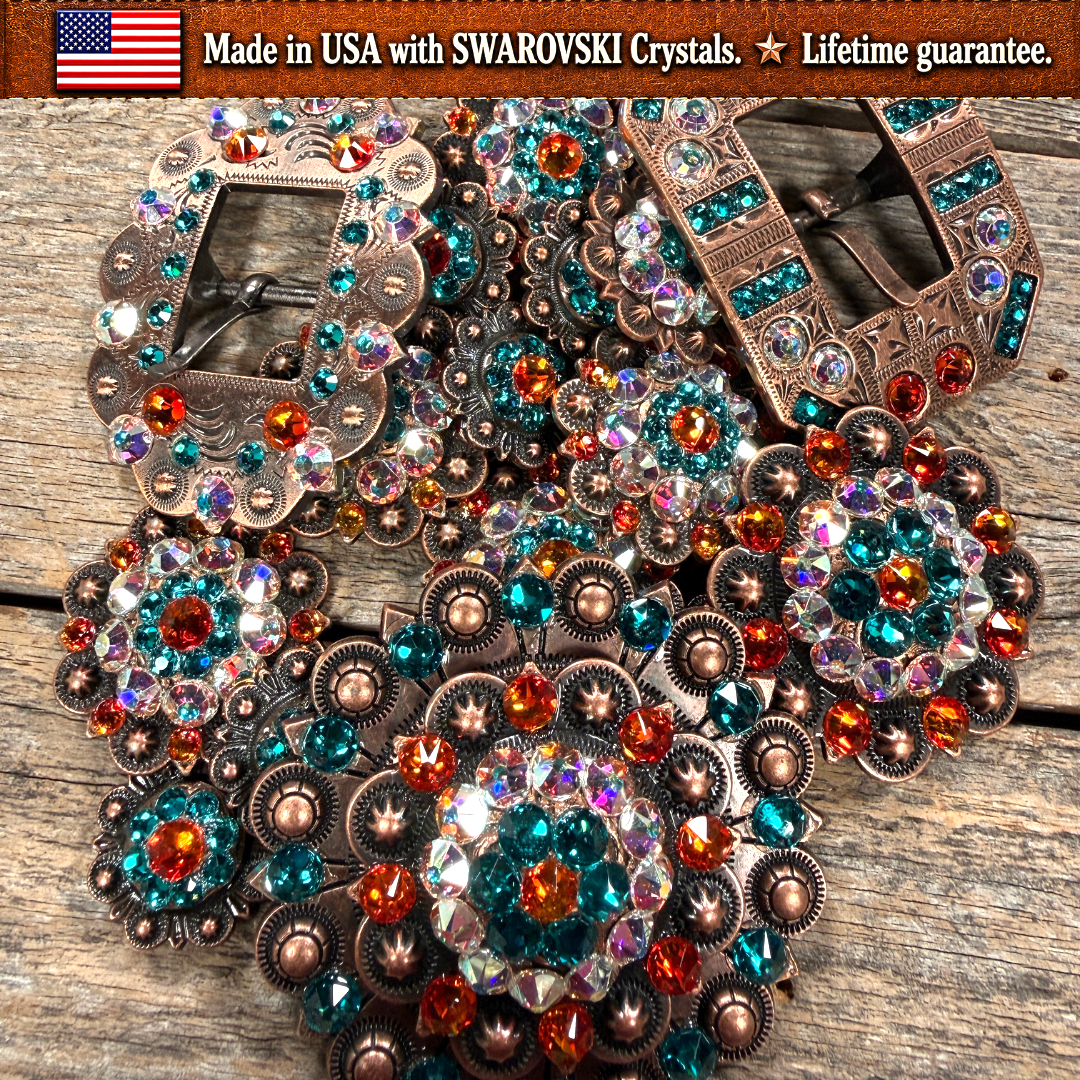 Copper Fire Opal - Teal - AB Crystal Conchos | Sizes 1"- 3" | Buckles | Saddle Set | Leather Rosettes | Slide